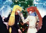  2girls black_jacket blonde_hair blue_scarf blush christmas_tree coat commentary_request commission cowboy_shot fate_testarossa feeding hair_ribbon highres jacket jewelry leoheart long_hair long_sleeves looking_at_another lyrical_nanoha mahou_shoujo_lyrical_nanoha multiple_girls outdoors pixiv_commission plaid plaid_scarf ponytail red_eyes redhead ribbon ring scarf side_ponytail smile snow snowing takamachi_nanoha very_long_hair violet_eyes wedding_ring white_jacket wife_and_wife winter yuri 
