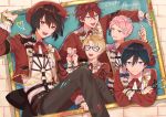  5boys amagi_rinne aqua_eyes beret black_bow black_hair black_pants blonde_hair blue_eyes bow closed_eyes closed_mouth collared_shirt commentary_request ensemble_stars! green_bow hair_between_eyes harness hat heart hidaka_hokuto highres holding holding_paintbrush itsuki_shu long_sleeves looking_at_viewer male_focus medium_hair multiple_boys open_mouth paintbrush pants pink_hair red_eyes red_nails red_ribbon redhead ribbon sakuma_ritsu shirt short_hair teeth upper_body upper_teeth_only violet_eyes wednesday_108 yuuki_makoto_(ensemble_stars!) 