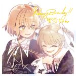  2girls ^_^ amamiya_sophia_seren arm_hug arms_at_sides artist_name assault_lily belt belt_buckle black_belt black_jacket blush border bow bowtie braid buckle buttons character_name chest_belt closed_eyes commentary cross crossed_bangs green_eyes hair_between_eyes hair_bow hand_up happy_birthday highres jacket kishimoto_lucia_raimu komuzuka latin_cross light_brown_hair long_hair long_sleeves looking_at_another looking_to_the_side multiple_girls neck_ribbon official_alternate_costume one_side_up orange_hair parted_lips pink_bow pink_bowtie pink_ribbon print_bow raised_eyebrows ribbon short_hair side-by-side simple_background smile twin_braids twintails upper_body white_background white_border white_bow wide_sleeves 