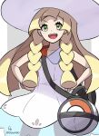  1girl absurdres bag blonde_hair braid dress green_eyes hands_on_own_hips hat highres ida_(idalol490) lillie_(pokemon) long_hair looking_at_viewer open_mouth pokemon pokemon_(game) pokemon_sm shoulder_bag sleeveless sleeveless_dress solo teeth twin_braids twitter_username upper_teeth_only white_dress white_headwear 