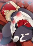 1other aiguillette animal_ears blush closed_eyes closed_mouth couch crumbs dagasi from_above fur-trimmed_jacket fur_trim hat highres honkai:_star_rail honkai_(series) jacket long_sleeves lop_rabbit_ears lying on_side own_hands_together pom-pom_(honkai:_star_rail) rabbit_ears red_headwear red_jacket shako_cap sleeping solo wavy_mouth zzz