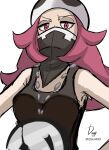  1girl absurdres bandana bandana_over_mouth bare_shoulders black_shirt covered_mouth hat highres ida_(idalol490) long_hair pink_eyes pink_hair pokemon pokemon_(game) pokemon_sm shirt sleeveless sleeveless_shirt solo team_skull team_skull_grunt twitter_username upper_body white_background 