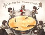  5girls apron balance_scale_print brown_eyes brown_hair bucket cooking egg fire food habit highres holding ironlily long_hair mid_neutral_sister_(ironlily) multiple_girls omelet ordo_mediare_sisters_(ironlily) single_braid_sister_(ironlily) skillet stove twin_braids_sister_(ironlily) 