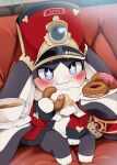  1other animal_ears arm_between_legs blue_eyes blush couch cup dagasi doughnut eating food full_body fur-trimmed_jacket fur_trim hat highres holding holding_food honkai:_star_rail honkai_(series) jacket looking_at_viewer lop_rabbit_ears plate pocket_watch pom-pom_(honkai:_star_rail) rabbit_ears red_headwear red_jacket shako_cap sitting smile solo star-shaped_pupils star_(symbol) symbol-shaped_pupils teacup two-tone_eyes watch wavy_mouth 