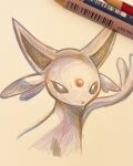  animal_focus black_eyes colored_pencil_(medium) commentary_request espeon forehead_jewel forked_tail gem highres no_humans partial_commentary pencil photo_(medium) pokemon pokemon_(creature) red_gemstone simple_background sketch solo tail tensaitou_tou traditional_media upper_body white_background 