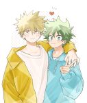  2boys alternate_costume bakugou_katsuki blonde_hair blue_hoodie blush boku_no_hero_academia bright_pupils brown_eyes commentary_request freckles frown green_eyes green_hair hair_between_eyes hand_on_another&#039;s_shoulder heart highres hkt26as hood hood_down hoodie jacket long_sleeves looking_at_viewer male_focus midoriya_izuku multiple_boys open_clothes open_jacket open_mouth shirt short_hair simple_background smile spiky_hair upper_body v white_background white_pupils white_shirt yellow_jacket 