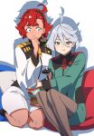  2girls :t absurdres aduti_momoyama ahoge asticassia_school_uniform black_hairband blue_eyes closed_mouth controller covering_mouth dark-skinned_female dark_skin drop_shadow grey_hair grey_pantyhose gundam gundam_suisei_no_majo hair_between_eyes hairband hand_up highres long_hair long_sleeves looking_at_another miorine_rembran multiple_girls pantyhose redhead remote_control school_uniform short_hair shorts simple_background single_vertical_stripe sitting suletta_mercury thick_eyebrows white_background white_shorts 