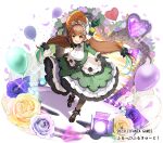 1girl :d ahoge apron balloon black_bow black_flower black_footwear black_gloves black_rose blue_flower blue_rose bonnet bow breasts brown_eyes brown_hair brown_headwear brown_pantyhose character_request collared_shirt commentary_request dress flower frilled_apron frilled_dress frills fruits_fulcute! gloves green_dress green_hair hair_flower hair_ornament heart highres large_breasts long_hair long_sleeves looking_at_viewer multicolored_hair official_art pantyhose petals pilokey pink_flower pink_rose purple_flower purple_rose rose shirt shoes simple_background smile solo spotlight twintails two-tone_hair very_long_hair white_apron white_background white_shirt yellow_flower yellow_rose