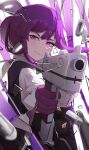  1girl absurdres aiming_at_viewer black_shorts bullet closed_mouth glass_shards gloves gun highres holding holding_gun holding_weapon honkai:_star_rail honkai_(series) kafka_(honkai:_star_rail) light_blush long_sleeves looking_at_viewer purple_gloves purple_hair shirt shorts solo violet_eyes weapon white_shirt yellow_glasses_(odivichno) 