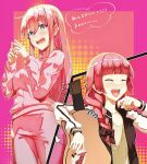  blue_eyes blunt_bangs bocchi_the_rock! braid commentary_request double-parted_bangs gotou_hitori hair_between_eyes hair_over_shoulder highres hiroi_kikuri jacket long_hair long_sleeves maruno_ball pants pink_hair pink_track_suit redhead single_braid track_jacket track_pants very_long_hair 