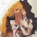  2girls akane031 animal_ears battery_indicator black_hair blake_belladonna blonde_hair blush long_hair multiple_girls recording rwby viewfinder violet_eyes yang_xiao_long yuri 