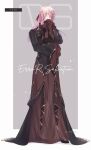  1boy alternate_costume ankou_(shuuen_no_virche) ankou_(shuuen_no_virche)_(cosplay) bishounen black_dress black_footwear blue_eyes bow braid copyright_name cosplay crown_braid dress full_body hair_bow highres imi_fumei_(imifu-imifu) long_hair male_focus mole mole_under_eye multicolored_clothes multicolored_dress neck_tattoo pink_hair red_bow red_dress scien_brofiise shuuen_no_virche sleeves_past_fingers sleeves_past_wrists solo tattoo twitter_username 