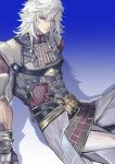  1boy absurdres armor blue_background blue_eyes closed_mouth coat fingerless_gloves gloves grey_coat grey_gloves highres jin_(xenoblade) looking_at_viewer male_focus medium_hair raininmoradain short_sleeves solo spiky_hair white_hair xenoblade_chronicles_(series) xenoblade_chronicles_2 xenoblade_chronicles_2:_torna_-_the_golden_country 
