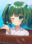  1girl blue_background blush bucket green_eyes green_hair hair_bobbles hair_ornament heart highres in_bucket in_container japanese_clothes kimono kisume long_sleeves nene_man one_eye_closed short_hair solo touhou two_side_up white_kimono wide_sleeves 