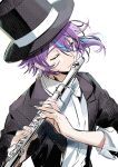  1boy aqua_hair bow bowtie closed_eyes earrings fingernails flute hair_between_eyes hat highres holding holding_instrument instrument iwatnc jewelry kamishiro_rui lapels long_sleeves male_focus playing_flute project_sekai purple_hair shirt short_hair sleeves_past_elbows sleeves_rolled_up solo top_hat white_background white_bow white_bowtie white_shirt 