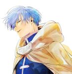  1boy blue_eyes blue_hair cape capelet highres himmel_(sousou_no_frieren) looking_at_viewer male_focus mole mole_under_eye official_art short_hair smile sousou_no_frieren white_cape white_capelet 