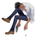 1boy ba3969787585976 black_hair bleeding blood blue_pants brown_footwear collared_shirt cross cross_necklace full_body gun handgun highres holding holding_gun holding_weapon jewelry male_focus necklace nicholas_d._wolfwood pants partially_unbuttoned profile shirt shoes simple_background sitting sleeves_rolled_up solo sweat trigun weapon white_background white_shirt 