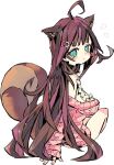  1girl animal_ears black_choker blush breasts brown_hair choker green_eyes hair_ornament hanamori_healthy indie_virtual_youtuber large_breasts long_hair looking_at_viewer melty+ pill_hair_ornament pink_sweater raccoon_ears raccoon_girl raccoon_tail simple_background solo sweater tail tako_ashin virtual_youtuber 