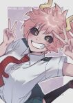  1girl artist_name ashido_mina black_sclera black_socks boku_no_hero_academia brown_footwear chibi_228 collared_shirt colored_sclera commentary commentary_request epaulettes highres horns looking_at_viewer necktie pink_hair pleated_skirt red_necktie school_uniform shirt shoes short_hair short_sleeves simple_background skirt socks solo teeth u.a._school_uniform white_shirt yellow_eyes 