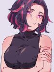  1girl bare_shoulders boku_no_hero_academia breasts collarbone grey_background highres k0to_04 lady_nagant large_breasts looking_at_viewer multicolored_hair pink_hair purple_hair serious short_hair signature simple_background solo tight_clothes two-tone_hair violet_eyes 