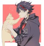  ... 1boy aguri_(aguri971028) ahoge animal black_eyes black_hair black_jacket border braid breath cat covering_another&#039;s_mouth from_side hair_between_eyes highres holding holding_animal holding_cat hood hood_down hooded_jacket jacket long_sleeves looking_at_animal male_focus multicolored_hair nijisanji outside_border profile red_background redhead saegusa_akina short_hair sidelocks solo spoken_ellipsis sweatdrop two-tone_hair upper_body virtual_youtuber white_border 