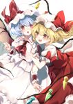  2girls :d :o arm_hug ascot bat_wings blonde_hair blue_hair bow brooch collared_shirt commentary_request crystal fang feet_out_of_frame flandre_scarlet hat hat_bow highres holding_hands interlocked_fingers jewelry long_hair medium_hair meji_aniki mob_cap multiple_girls open_mouth puffy_short_sleeves puffy_sleeves red_ascot red_bow red_eyes red_skirt red_vest redhead remilia_scarlet shirt short_sleeves siblings simple_background sisters skirt smile touhou vest white_background white_headwear white_shirt white_skirt wings 