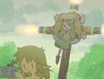 &gt;_&lt; 1boy 1girl backpack bag blonde_hair boots brown_footwear clouds cloudy_sky crucifixion curly_hair dress fire flame green_dress green_hair hair_ornament hand_up highres humanization korok lantern leaf_hair_ornament link long_hair mechanical_arms orenji_(wholesomeorenji) outdoors pointy_ears rain selfie sheikah_slate single_mechanical_arm sky smile the_legend_of_zelda the_legend_of_zelda:_tears_of_the_kingdom tree twintails v |_|