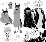  4boys aak_(arknights) animal_ear_fluff animal_ears arknights character_request check_character closed_mouth diagonal_stripes fang fang_out greyscale hair_between_eyes hair_over_one_eye hat hood hood_down hood_up hoodie horns iwashi_80 jaye_(arknights) long_hoodie long_sleeves male_focus mask mask_on_head monochrome multiple_boys nurse_cap open_clothes shirt short_eyebrows simple_background sleep_mask sleeves_past_fingers sleeves_past_wrists slippers socks standing striped sweater thick_eyebrows tongue tongue_out translation_request turtleneck turtleneck_sweater white_background 