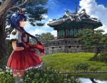  1girl blue_eyes blue_hair blue_sky braid fingerless_gloves flower glass gloves hair_flower hair_ornament hanbok hand_fan holding holding_fan hwaseong_fortress korea korean_anime korean_clothes looking_to_the_side red_gloves red_ribbon red_skirt reflection ribbon river scenery semi_(semi_wa_magic_cube) semi_wa_magic_cube shirt short_hair short_sleeves single_braid skirt sky smile solo standing thigh-highs traditional_clothes tree white_shirt white_thighhighs yong-gok 