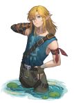  1boy bandaged_arm bandages blonde_hair blue_shirt closed_mouth hair_between_eyes hand_on_own_hip highres lemonsam lily_pad link long_hair male_focus pants pointy_ears shirt simple_background sleeveless sleeveless_shirt solo the_legend_of_zelda the_legend_of_zelda:_tears_of_the_kingdom wading water white_background 