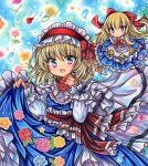  2girls alice_margatroid apron blonde_hair blue_dress blue_eyes bow bowtie capelet closed_mouth cowboy_shot dress embellished_costume flower frilled_apron frilled_dress frilled_hairband frills hair_ribbon hairband hand_up light_blue_background lolita_hairband long_hair long_sleeves looking_at_viewer marker_(medium) medium_hair mini_person minigirl multiple_girls open_mouth petals pink_flower pink_rose red_bow red_bowtie red_flower red_hairband red_ribbon red_rose ribbon rose rui_(sugar3) sample_watermark shanghai_doll smile standing touhou traditional_media white_apron white_capelet white_sleeves yellow_flower yellow_rose 