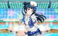 blue_hair blush dress long_hair love_live!_school_idol_festival_2 love_live!_sunshine!! pink_eyes tsushima_yoshiko