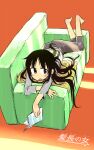  1girl barefoot black_hair blush book commentary_request couch cushion full_body holding holding_book kikai_(akita_morgue) light_rays long_hair long_sleeves looking_at_viewer lying on_couch on_stomach open_mouth original translation_request 