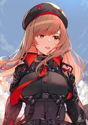  1girl absurdres belt beret black_belt black_headwear black_jacket breasts brown_hair goddess_of_victory:_nikke hat highres jacket kimi_tsuru long_hair long_sleeves necktie rapi_(nikke) red_eyes red_necktie solo teeth 