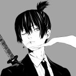  1boy black_hair black_necktie chainsaw_man earrings formal grey_background greyscale hayakawa_aki highres jewelry katana kurosaki_yo looking_at_viewer monochrome necktie one_eye_closed short_hair simple_background sling smoke smoking solo stud_earrings suit suit_jacket sword topknot weapon 