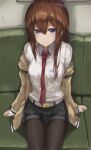  1girl :/ absurdres amatsuji arms_at_sides belt black_shorts blue_eyes blush breasts brown_hair brown_jacket closed_mouth collared_shirt commentary couch cowboy_shot english_commentary eyelashes frown hair_between_eyes highres indoors jacket long_hair looking_at_viewer makise_kurisu medium_breasts mixed-language_commentary necktie off_shoulder on_couch open_clothes open_jacket pantyhose red_necktie shirt shorts sidelocks signature sitting sleeves_past_wrists solo steins;gate straight-on straight_hair thigh_gap thighs upturned_eyes white_belt white_shirt 
