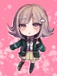  1girl backpack bag brown_hair brown_skirt chibi collared_shirt danganronpa_(series) danganronpa_2:_goodbye_despair flipped_hair galaga hair_ornament highres hood jacket long_sleeves looking_at_viewer medium_hair nanami_chiaki neck_ribbon pink_eyes pink_ribbon ribbon shirt skirt solo thigh-highs two-tone_shirt white_shirt zui_nianshao 