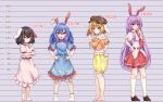  4girls animal_ears barefoot black_hair blonde_hair blue_dress blue_hair breasts commentary_request crescent_print crossed_arms dango dress floppy_ears food full_body hand_on_own_hip hands_on_own_hips hat height_chart highres holding inaba_tewi long_hair medium_breasts midriff mizunisabano multiple_girls necktie petite pink_dress purple_hair rabbit_ears rabbit_tail red_eyes red_skirt reisen_udongein_inaba ringo_(touhou) seiran_(touhou) shirt short_hair shorts skirt small_breasts standing star_(symbol) star_print tail touhou very_long_hair wagashi white_shirt 