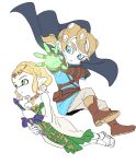  1boy 1girl bare_shoulders blonde_hair blue_eyes boots brown_footwear cape dede_(qwea_00000) earrings glowing green_eyes inkling jewelry link looking_at_viewer master_sword outstretched_arm parted_lips pointy_ears princess_zelda simple_background splatoon_(series) tentacle_hair the_legend_of_zelda the_legend_of_zelda:_tears_of_the_kingdom tiara white_background 