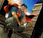  1boy blue_shirt brown_footwear cape clark_kent closed_eyes clouds day dc_comics grey_pants large_pectorals male_focus muscular muscular_male nakadoori outdoors pants pectorals red_cape shirt sitting sky smile solo superman superman_(series) 