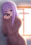  1girl absurdres bloom box breasts brown_sweater clenched_hands commentary covering_mouth cowboy_shot double-parted_bangs eyes_visible_through_hair fumimaru gift gift_box grey_background hair_between_eyes hands_up happy_valentine highres holding holding_gift indoors ise_kotori large_breasts light_purple_hair long_hair looking_at_viewer own_hands_together riddle_joker shy signature simple_background sleeves_past_wrists solo sweater window wing_hair_ornament 