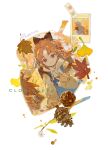  1girl absurdres apron arknights autumn_leaves backpack bag blue_apron bow brown_bow brown_eyes brown_hair brown_hoodie character_name closed_mouth hair_bow highres hood hood_down hoodie leaf long_sleeves maple_leaf mushroom name_connection object_namesake photo_(object) pinecone pinecone_(arknights) puffy_long_sleeves puffy_sleeves qinghejunzi sleeves_past_wrists smile solo 
