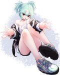  1girl absurdres bare_legs bare_shoulders green_hair highres kimhiro looking_at_viewer original red_eyes short_hair solo thighs twintails 