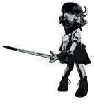 1girl black_footwear black_headwear boots fur_hat furry furry_female gloves greyscale hat holding holding_sword holding_weapon horns looking_at_viewer mask monochrome mouth_mask original solo sword tokiya ushanka watch watch weapon 