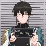  1boy barbie_(character) barbie_(franchise) black_hair character_name chinese_clothes dan_heng_(honkai:_star_rail) derivative_work english_commentary fingerless_gloves gloves hair_between_eyes highres holding holding_sign honkai:_star_rail honkai_(series) long_sleeves male_focus meme mugshot parody rezoeline short_hair sign solo sweatdrop upper_body v-shaped_eyebrows zipper 