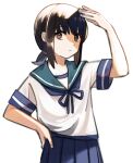  1girl black_eyes black_hair blue_sailor_collar blue_skirt closed_mouth fubuki_(kancolle) hand_on_own_hip ichiroku_(sakumogu-029) kantai_collection looking_at_viewer low_ponytail pleated_skirt ponytail sailor_collar school_uniform serafuku short_ponytail short_sleeves sidelocks simple_background skirt solo white_background 