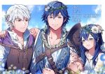  1girl 2boys ameno_(a_meno0) arm_tattoo bare_shoulders blue_eyes blue_sky blue_vest blush brown_eyes cape character_name chrom_(fire_emblem) chrom_(valentine)_(fire_emblem) clouds collarbone collared_shirt dated dress father_and_daughter fire_emblem fire_emblem_awakening fire_emblem_heroes flower hair_flower hair_ornament hand_on_another&#039;s_shoulder happy_birthday head_wreath height_difference long_hair looking_at_another looking_at_viewer lucina_(fire_emblem) lucina_(valentine)_(fire_emblem) multiple_boys muscular muscular_male official_alternate_costume purple_cape robin_(fire_emblem) robin_(male)_(fire_emblem) robin_(male)_(valentine)_(fire_emblem) shirt short_hair sky sleeveless sleeveless_dress sleeveless_shirt smile tattoo vest white_dress white_flower white_hair white_shirt 