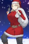 1girl absurdres belt blonde_hair boots breasts brown_belt brown_footwear buttons devilukez dress frilled_dress frills green_eyes grey_pants gun hat hearts_of_iron highres holding holding_gun holding_sack holding_weapon kaiserreich medium_hair night pants pom_pom_(clothes) red_dress red_headwear revolver sack santa_dress santa_hat second-party_source snowing solo weapon 