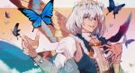  1boy arthropod_boy blue_dress blue_eyes bug butterfly butterfly_wings cape crown diamond_hairband dress fate/grand_order fate_(series) frills fur-trimmed_cape fur_trim highres insect_wings kyouka_(exclamationmark) long_sleeves looking_at_viewer male_focus medium_hair oberon_(fate) signature smile solo upper_body wings 
