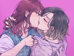  2girls black_hair brown_hair closed_eyes dated ear_piercing gradient_hair hand_in_another&#039;s_hair hand_on_another&#039;s_back highres jewelry kiss looking_at_another multicolored_hair multiple_girls original peg piercing purple_background purple_nails redhead ring sweater_vest yuri 
